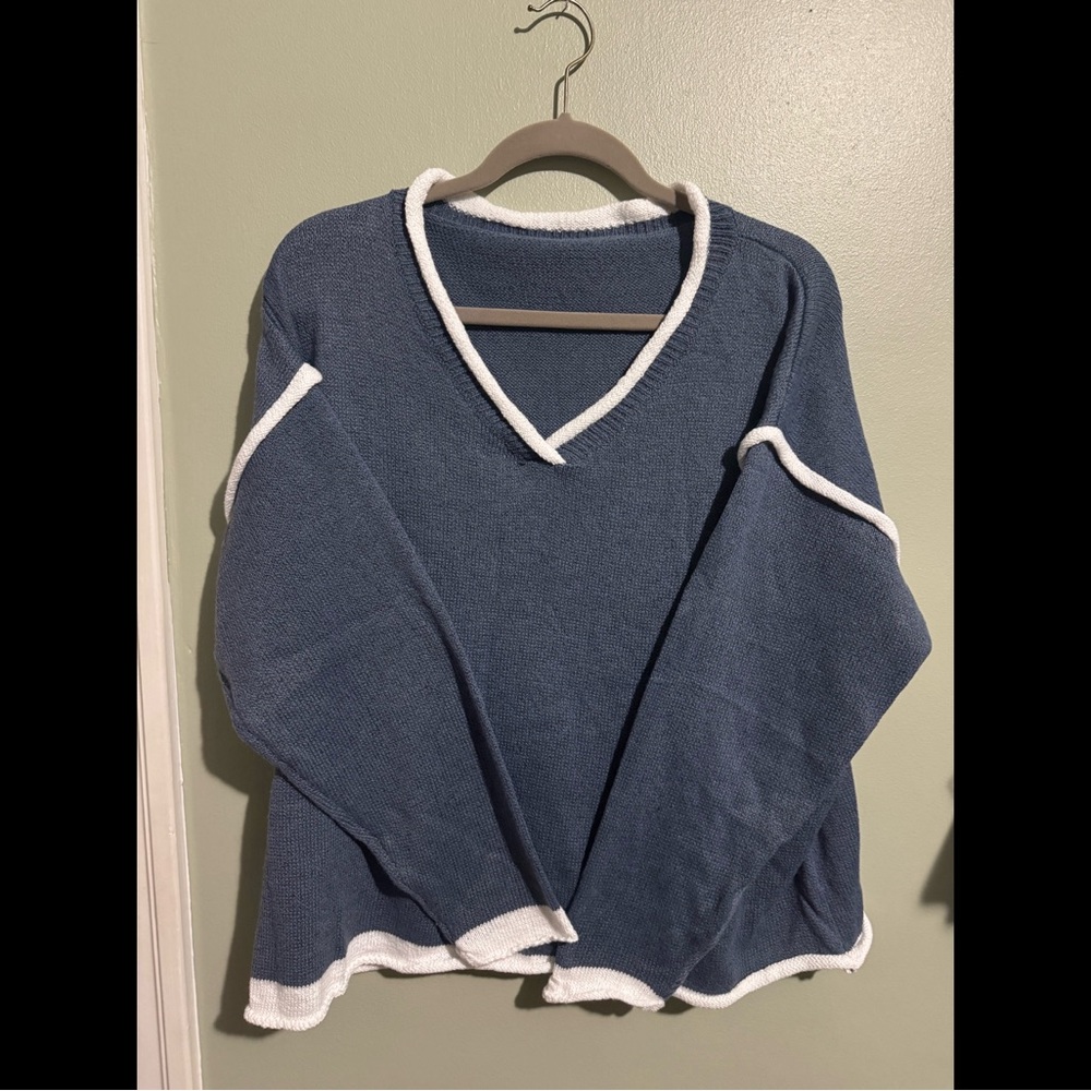 Comfy Blue V-Neck Sweater with White Trim